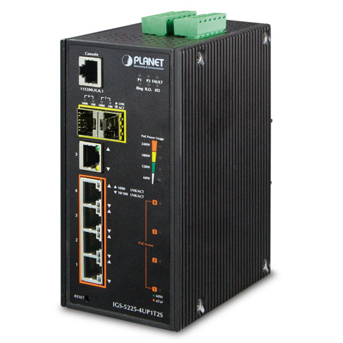 Керований комутатор L2+, 5 портів 10/100/1000BaseT, 2 порти SFP, IP30, -40+75 C, Ultra PoE 240Вт