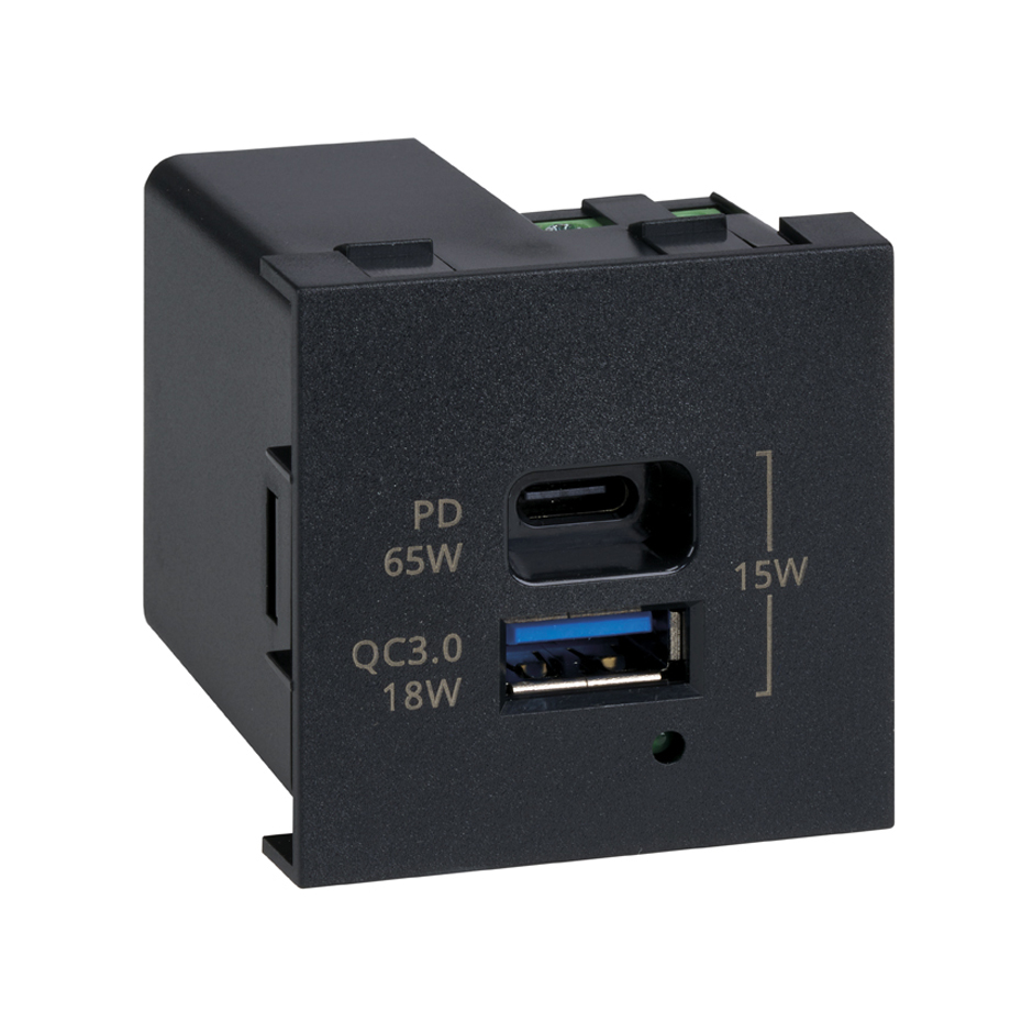 Зарядний пристрій USB A+C, QC 3.0, PD 65W  K45 45x45мм, чорний (K126H/14)