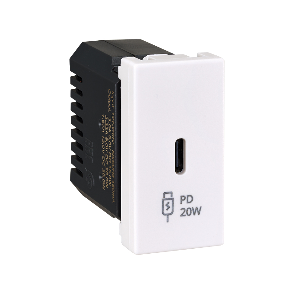 Зарядний пристрій 1хUSB-C, QC, PD 20W  K45 22,5x45мм, білий (K126I/9)