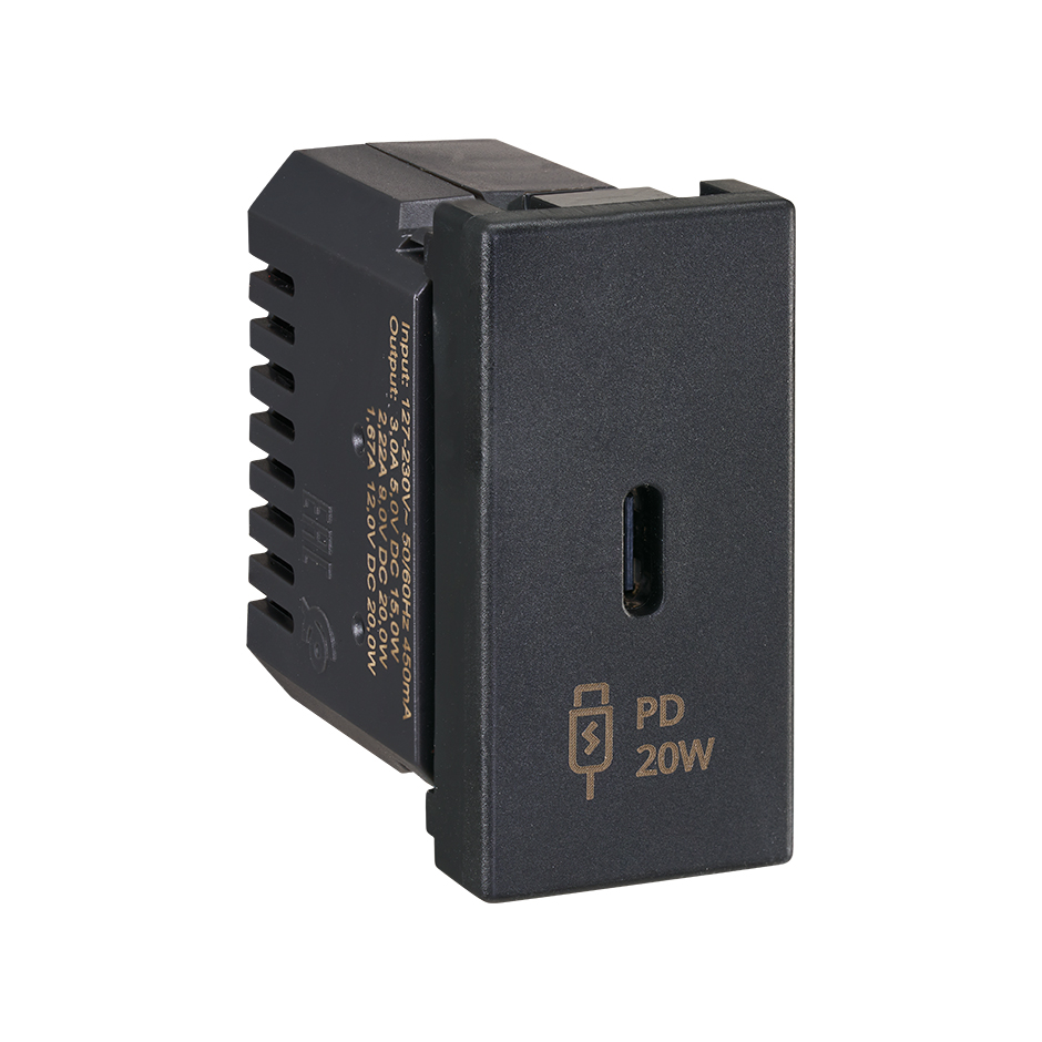 Зарядний пристрій 1хUSB-C, QC, PD 20W  K45 22,5x45мм, чорний (K126I/14)