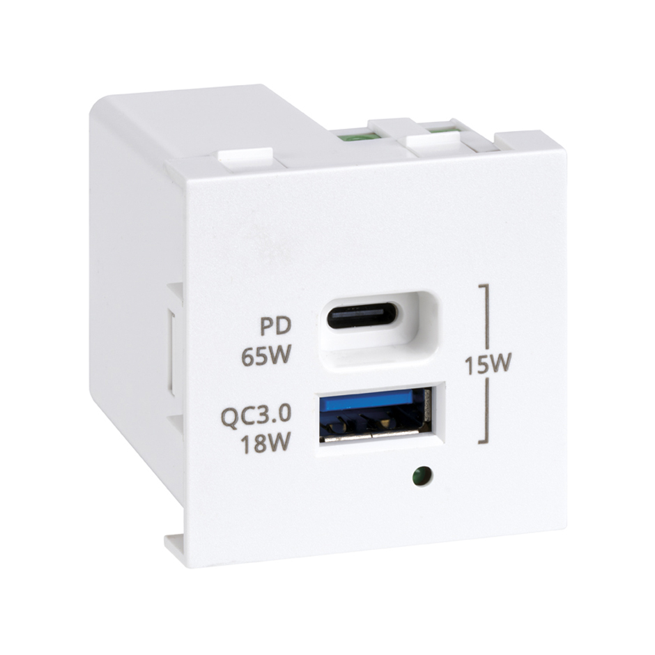 Зарядний пристрій USB A+C, QC 3.0, PD 65W  K45 45x45мм, білий (K126H/9)