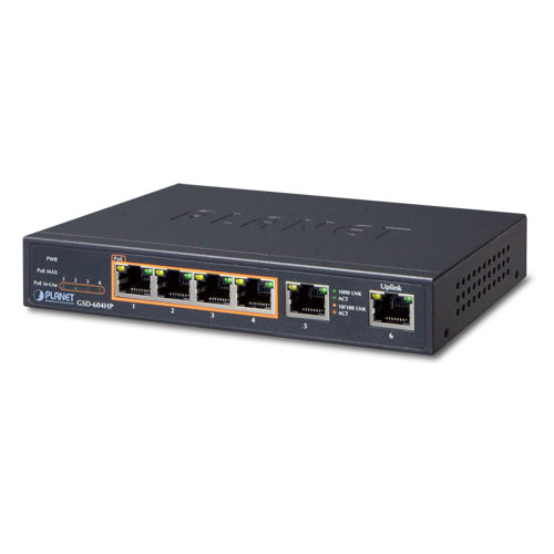 4-Port 10/100/1000T 802.3at PoE + 2-Port 10/100/1000T Desktop Switch (External 55 Watts)