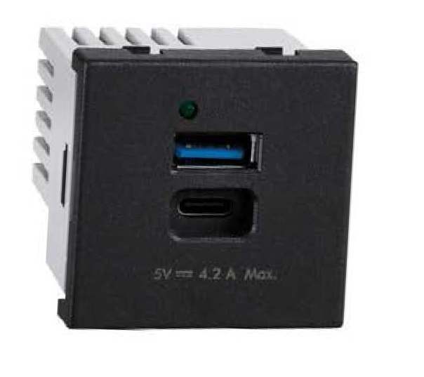 Зарядний пристрій 2хUSB тип A+C, 5V, DC 4,2A  K45 45x45мм, чорний (K126G/14)