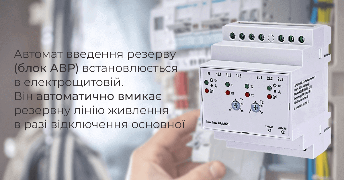 Автомат введення резерву (блок АВР) встановлюється в електрощитовій. Він автоматично вмикає резервну лінію живлення в разі відключення основної