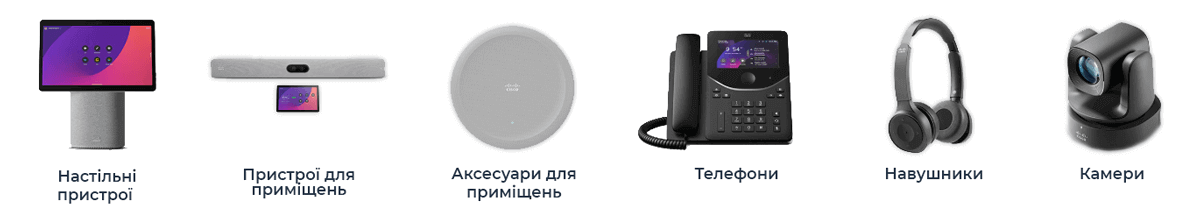 Пристрої Cisco для проведення відеоконференцій у переговорних кімнатах: настільні, для приміщень, аксесуари, телефони, навушники, камери.